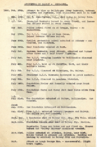 A Comprehensive list of the activities of the North Galway Brigade was compiled by veterans of the Brigade in 1934 for the purposes of military pensions. | Military Pension (North Galway Brigade Activity Report, MSPC/MA/28)